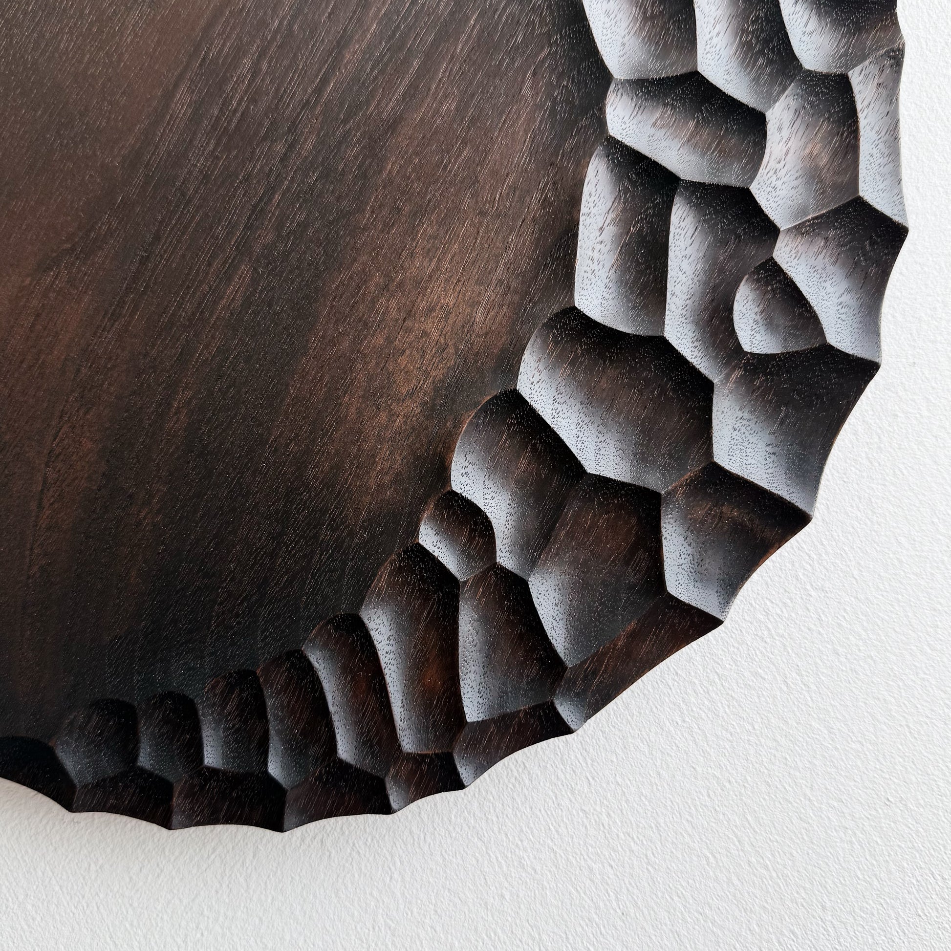 Close up of black walnut presentation plate on a white background 