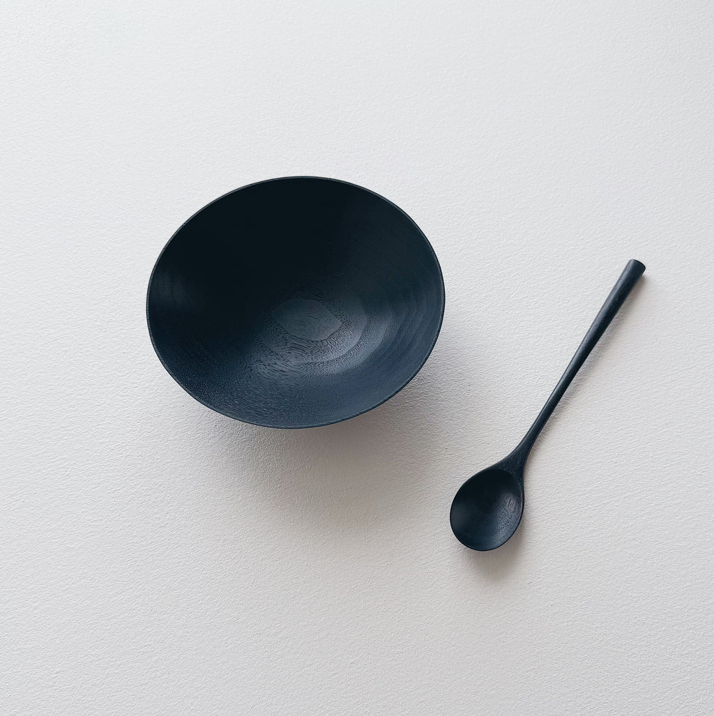 Conical bowl & spoon in ebonised walnut