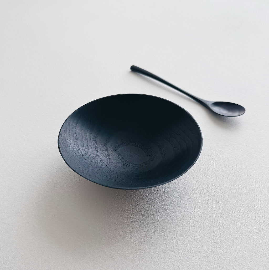 Conical bowl & spoon in ebonised walnut