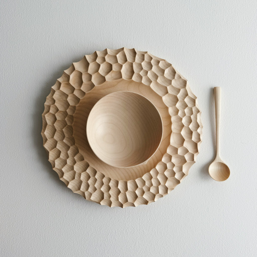 Sycamore wooden plate with craters design, bowl and eating spoon on a white background