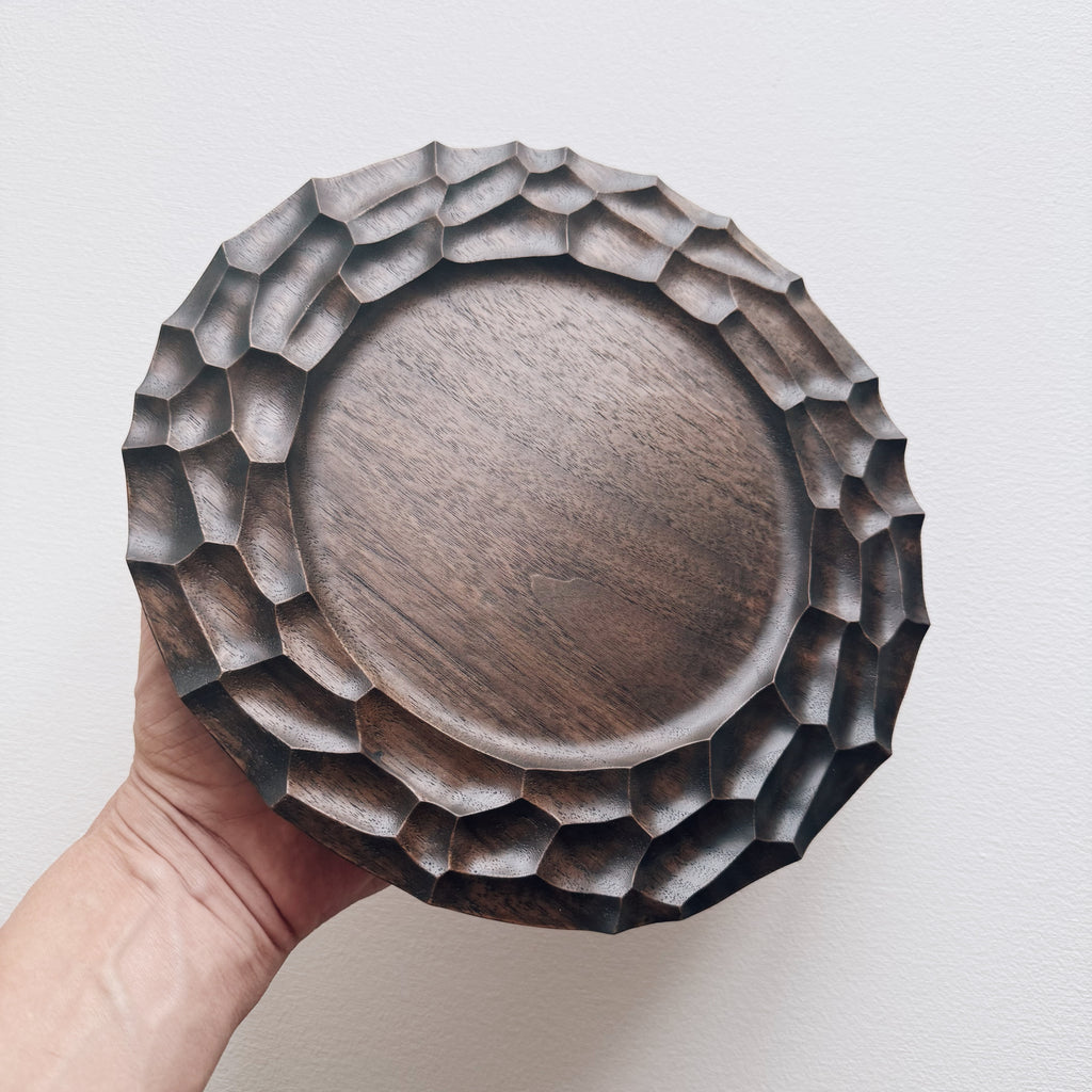 Hand holding a walnut plate with on a white background