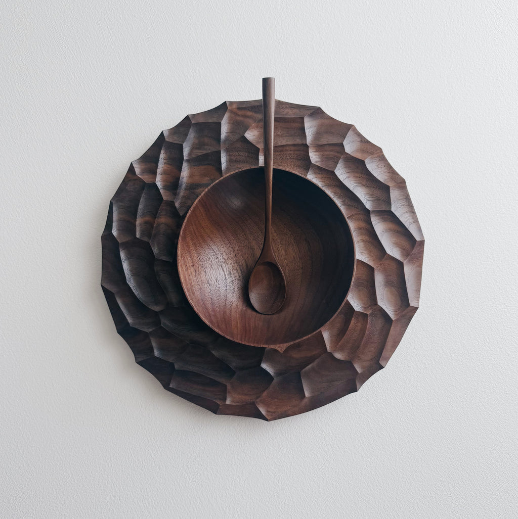 Dunes plate, bowl & spoon set in walnut