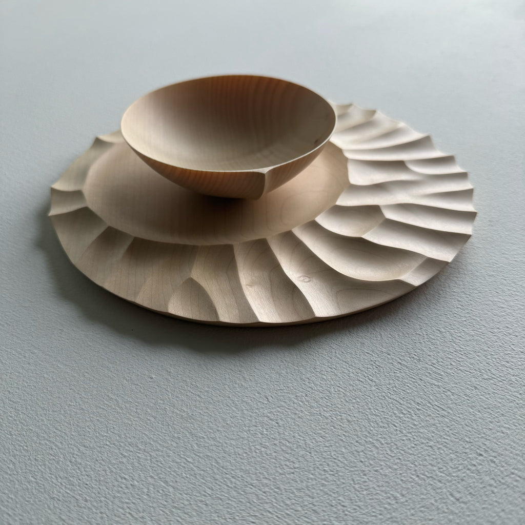 Sycamore wooden bowl with sycamore plate on a white background