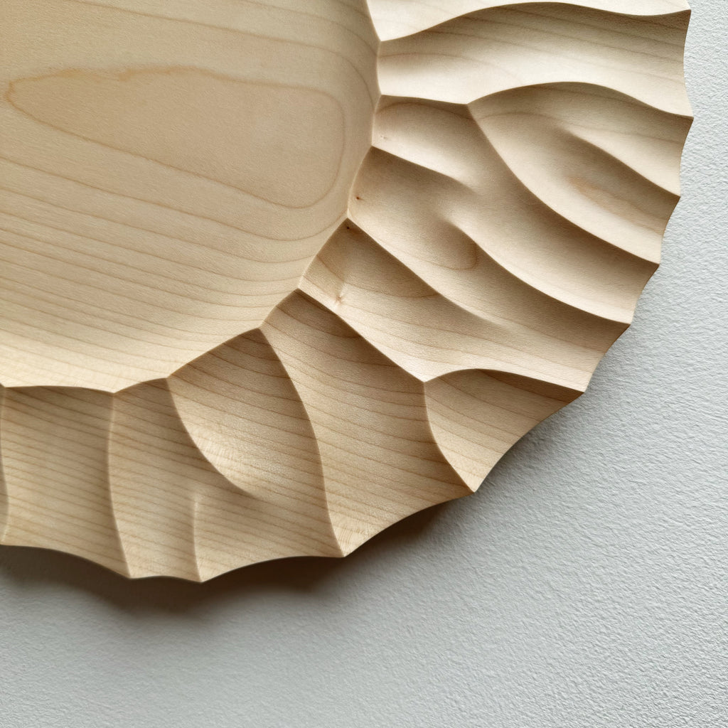 Details of a sycamore wood plate on a white background