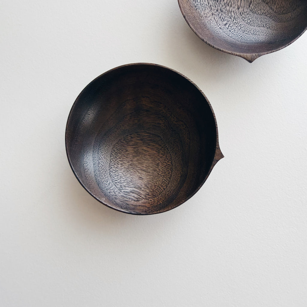 Pair of low pinch & put pots in vintage black walnut