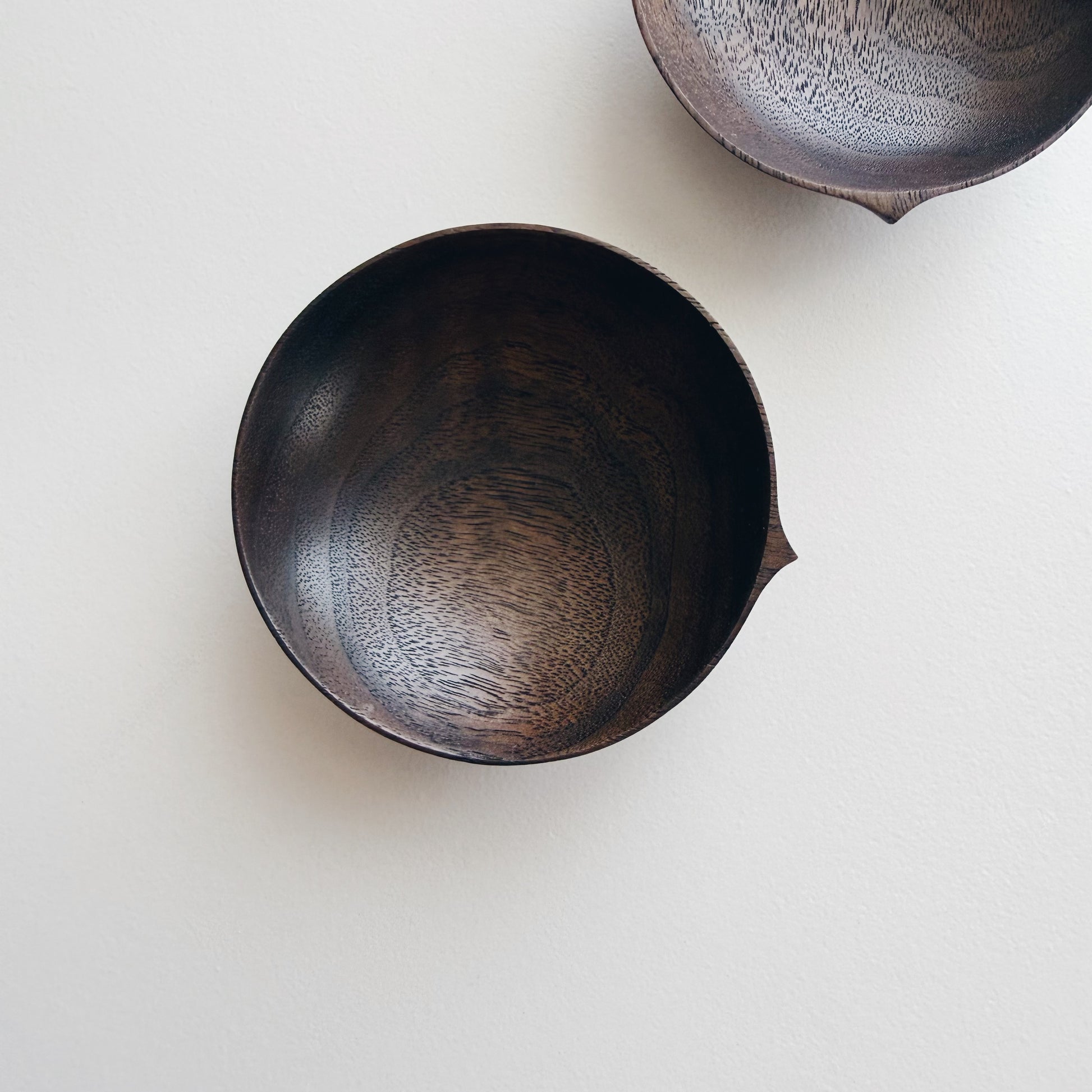Pair of low pinch & put pots in vintage black walnut