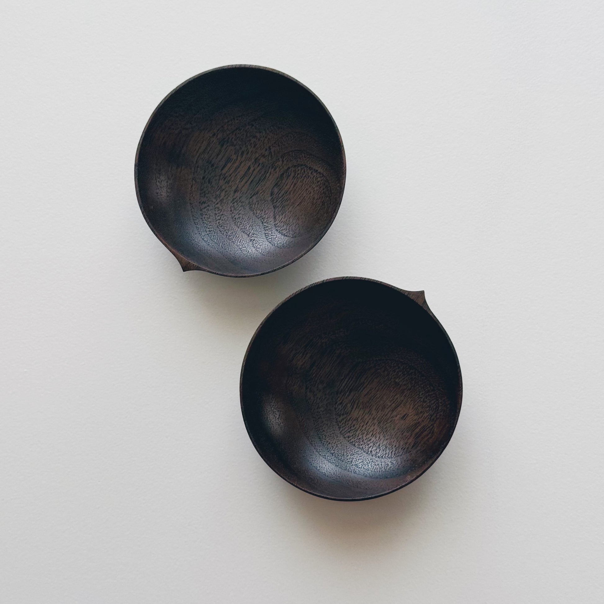 Pair of low pinch & put pots in vintage black walnut