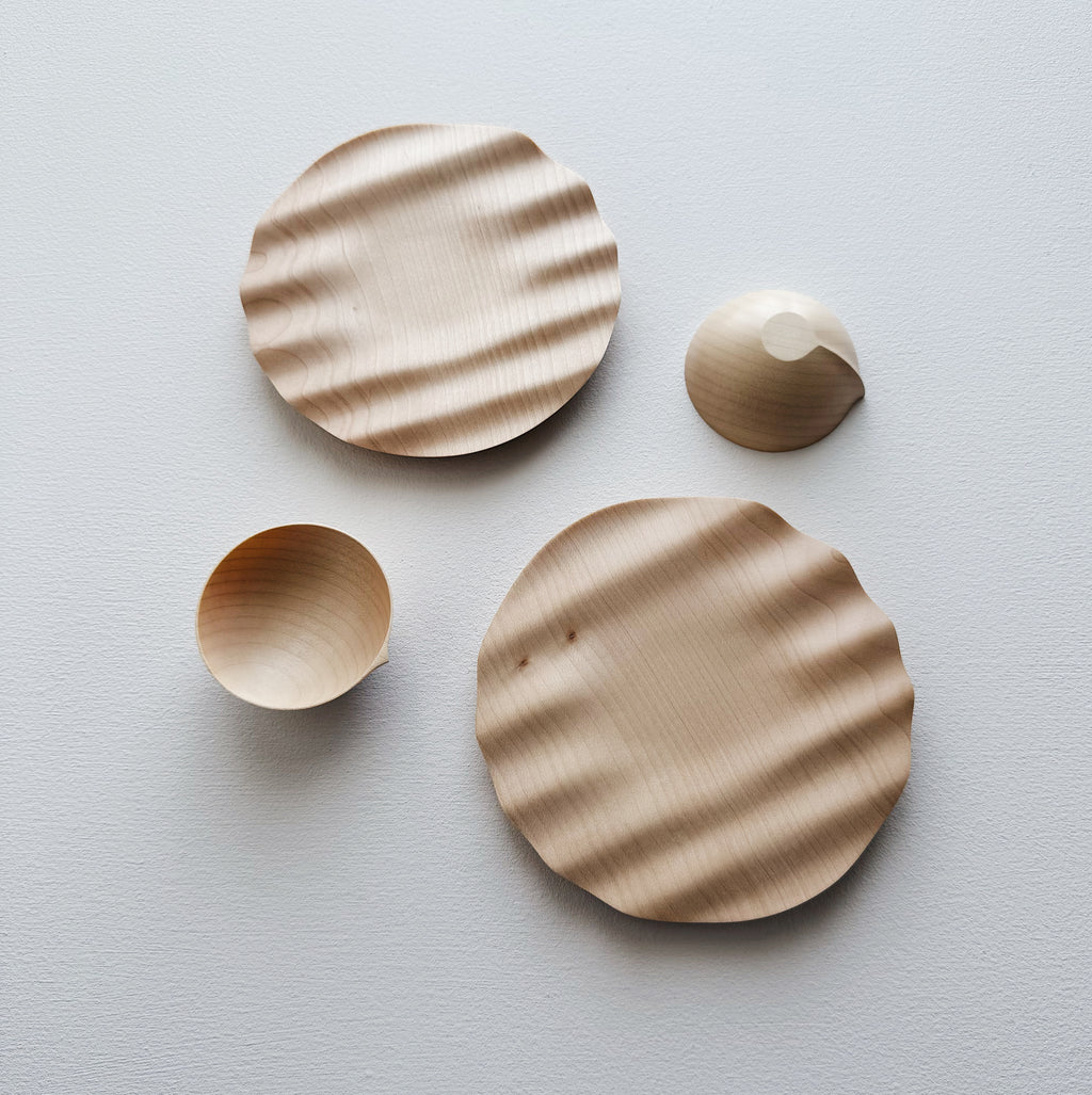 Pair of small wavy plates & bowls in sycamore