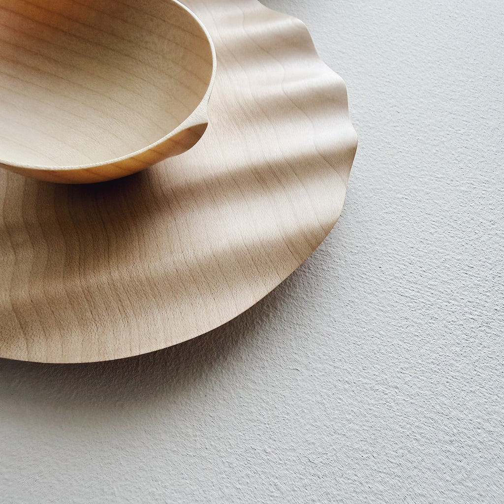 Pair of small wavy plates & bowls in sycamore