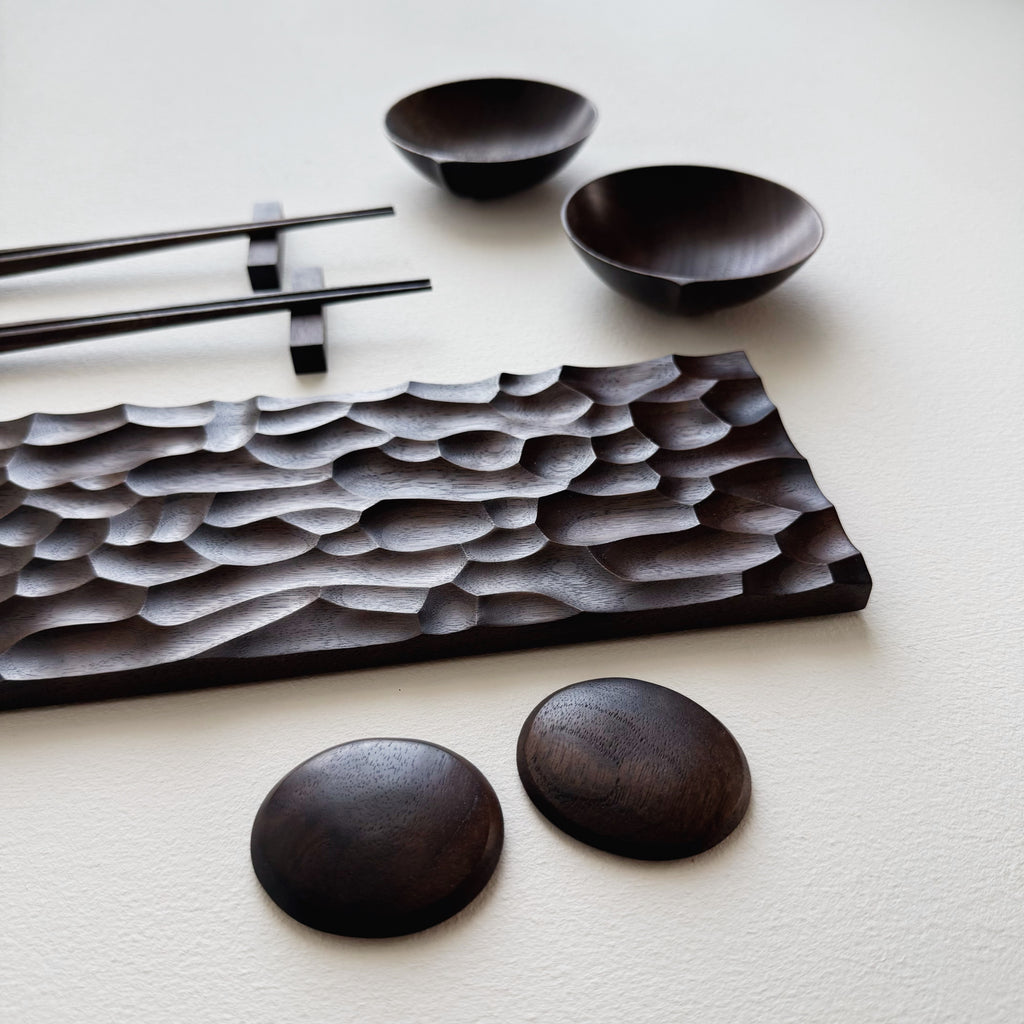 Sculpted long board eating set in vintage black walnut