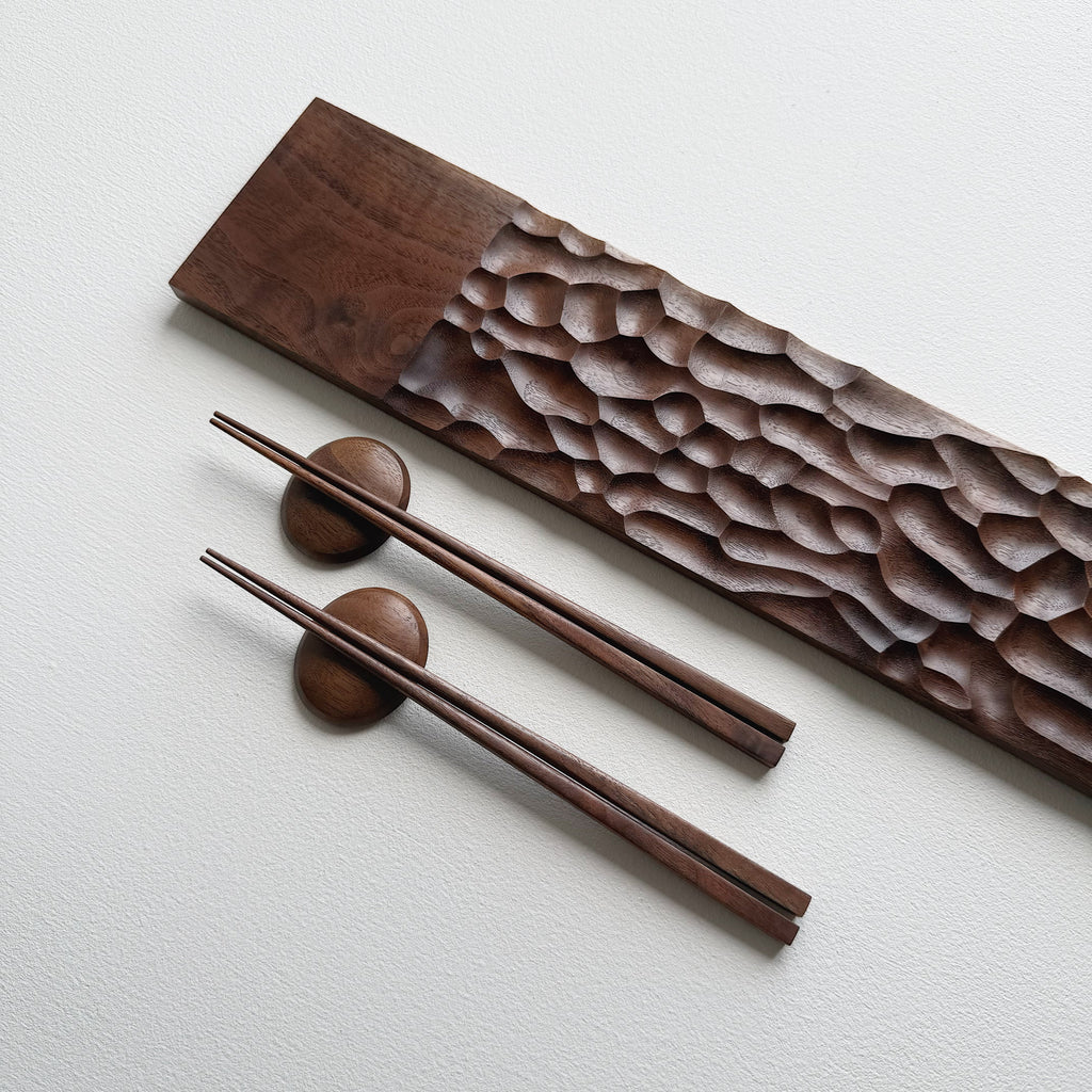 Sculpted long board & chopsticks set in walnut