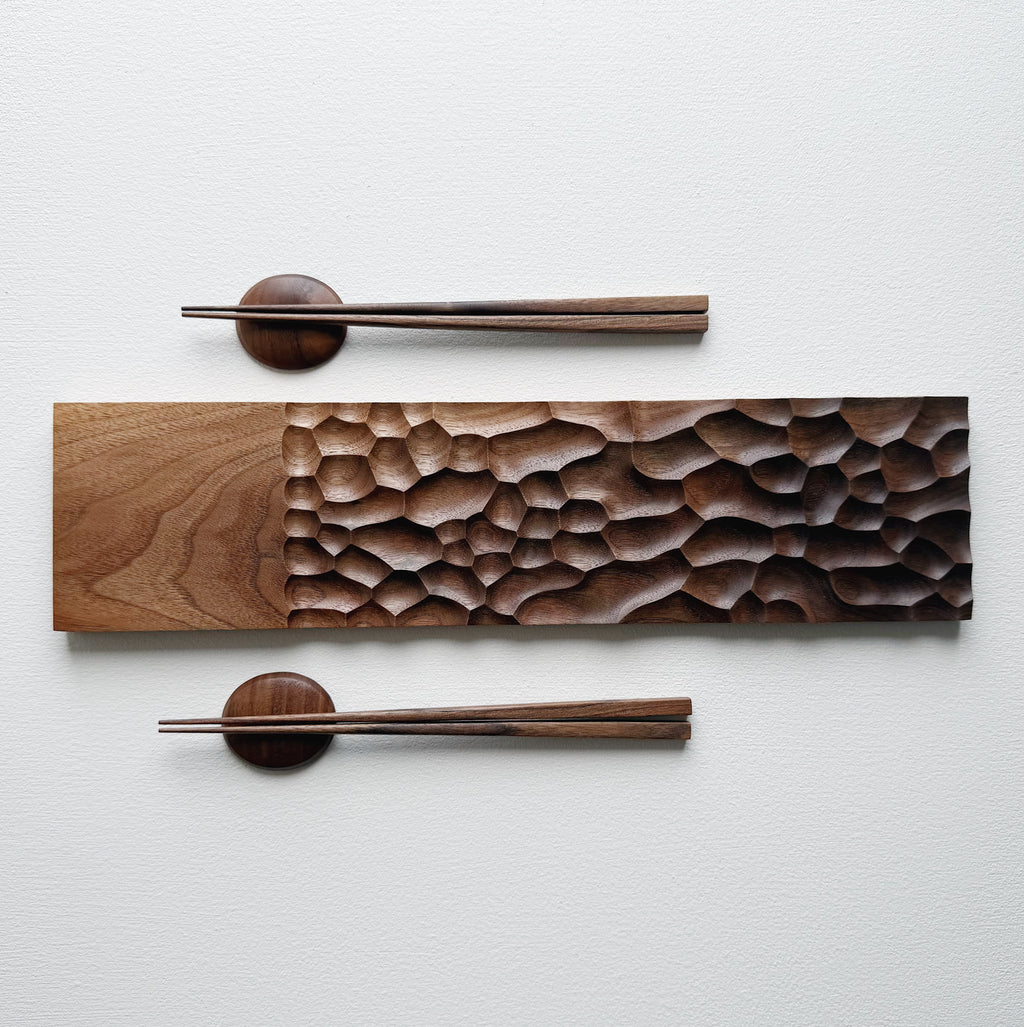 Sculpted long board & chopsticks set in two tone walnut