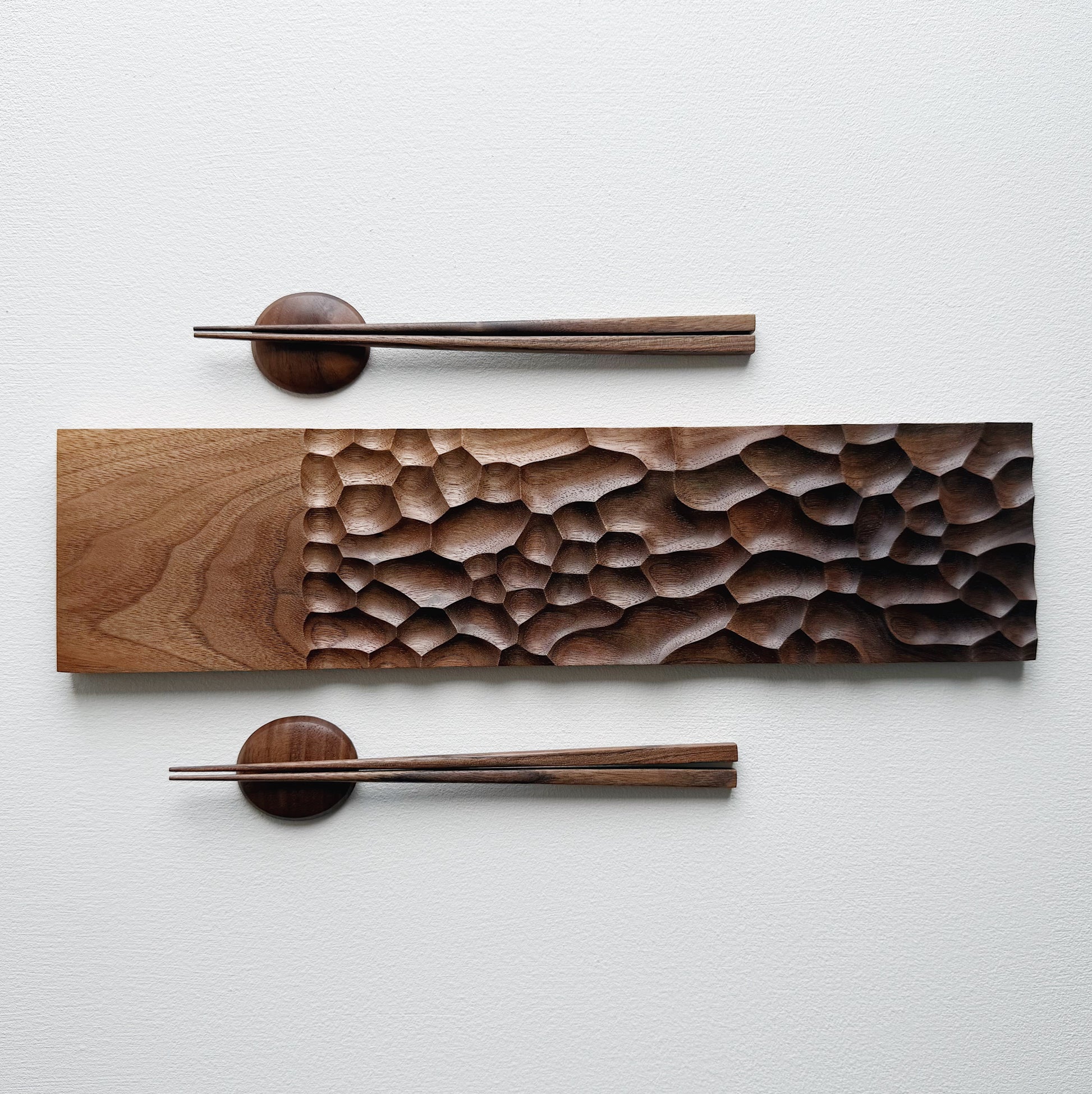 Sculpted long board & chopsticks set in two tone walnut