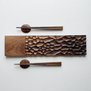 Sculpted long board & chopsticks set in two tone walnut