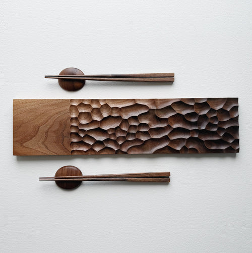 Sculpted long board & chopsticks set in two tone walnut