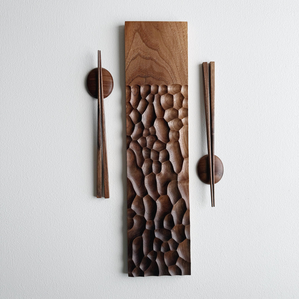 Sculpted long board & chopsticks set in two tone walnut