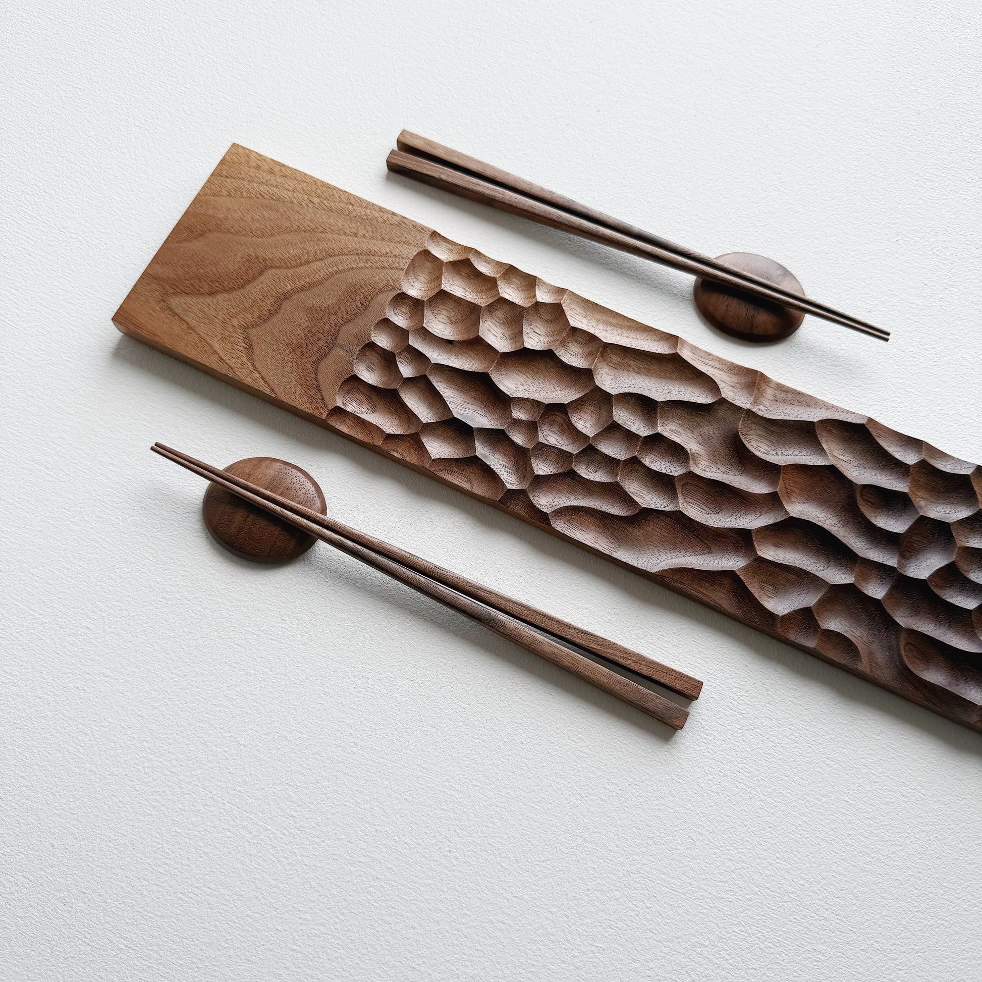 Sculpted long board & chopsticks set in two tone walnut