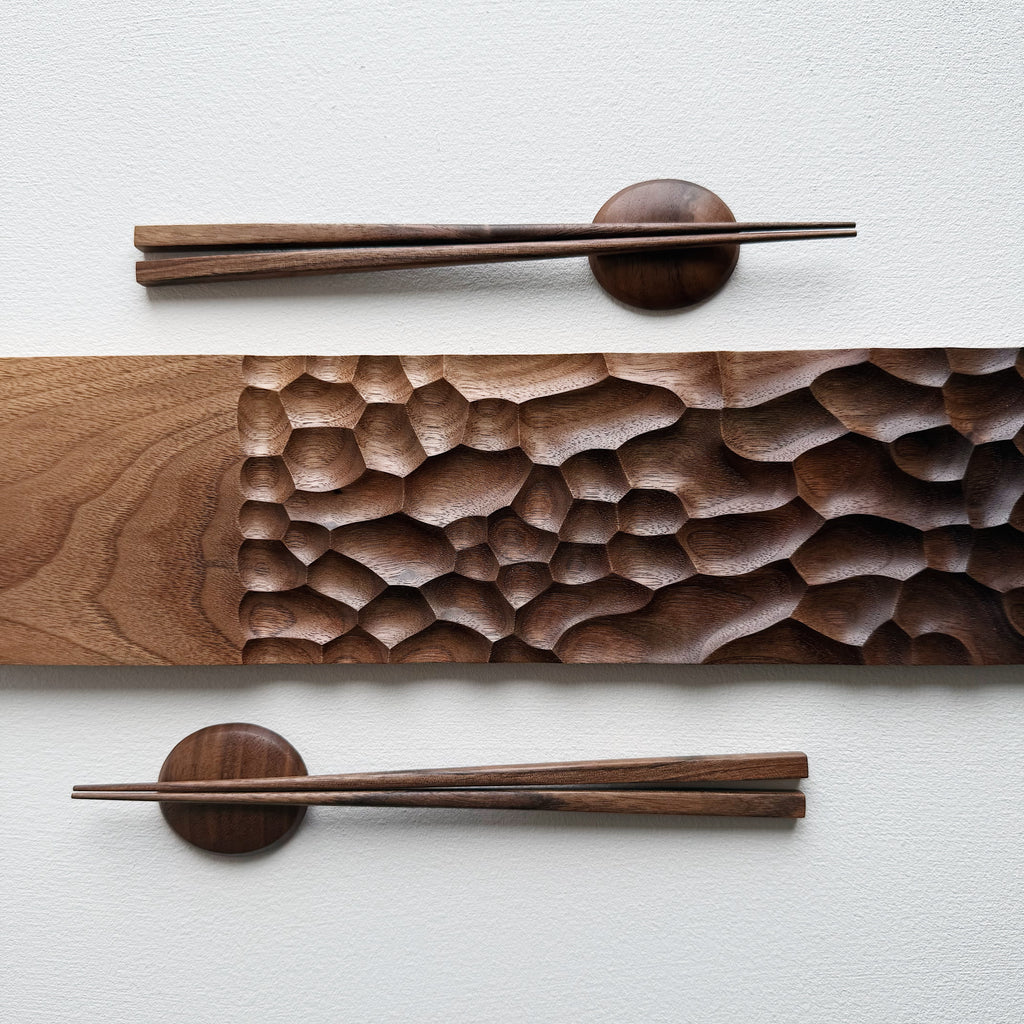 Sculpted long board & chopsticks set in two tone walnut