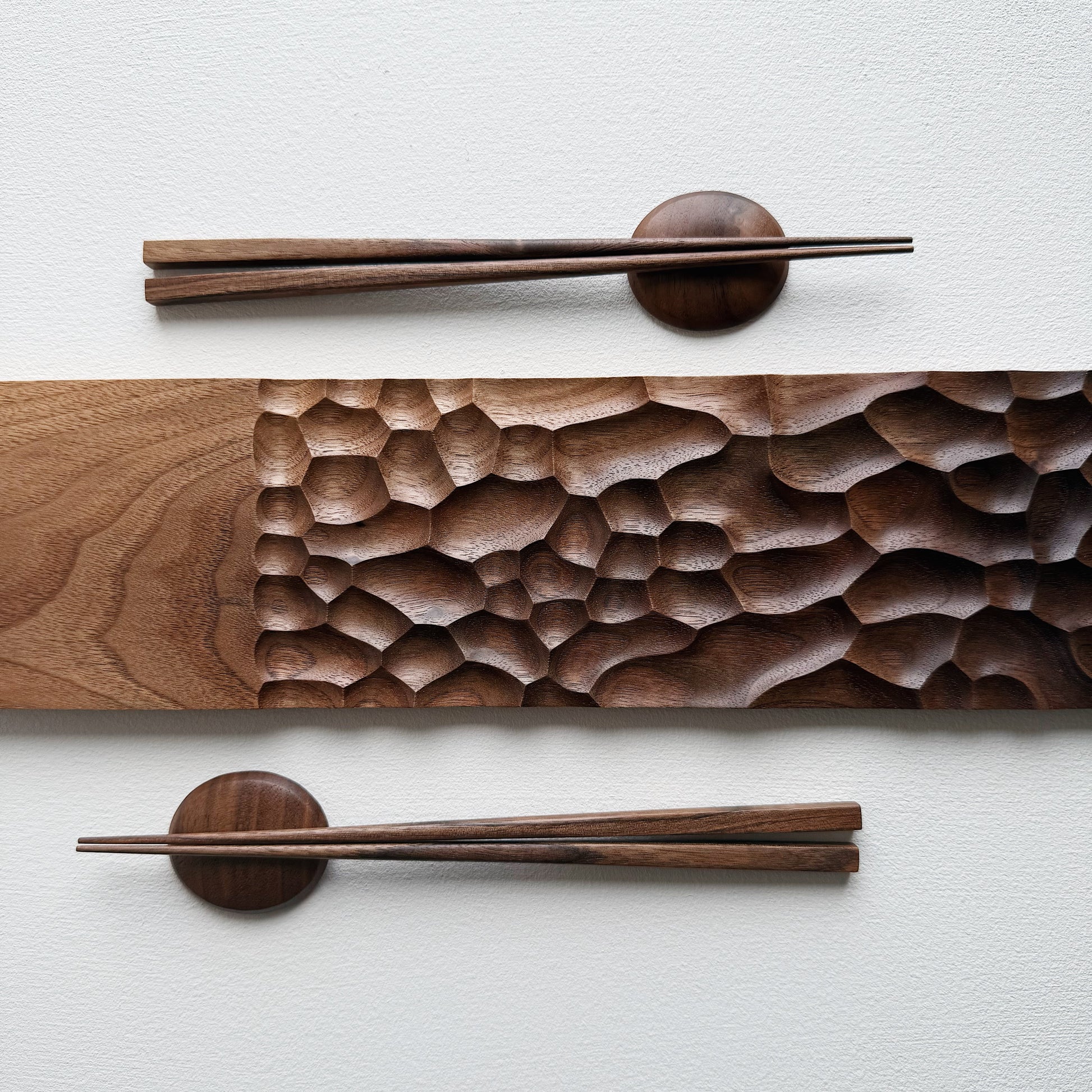 Sculpted long board & chopsticks set in two tone walnut