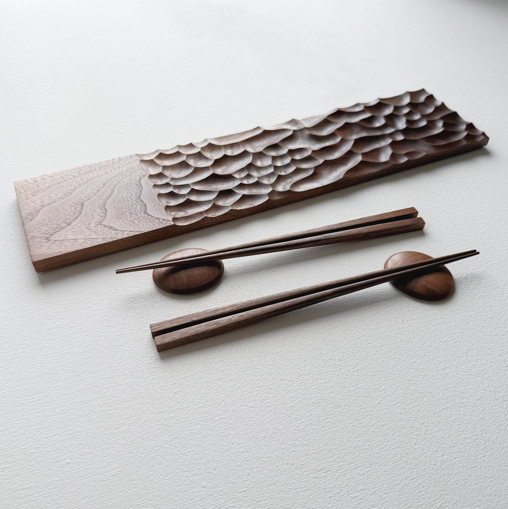 Sculpted long board & chopsticks set in two tone walnut