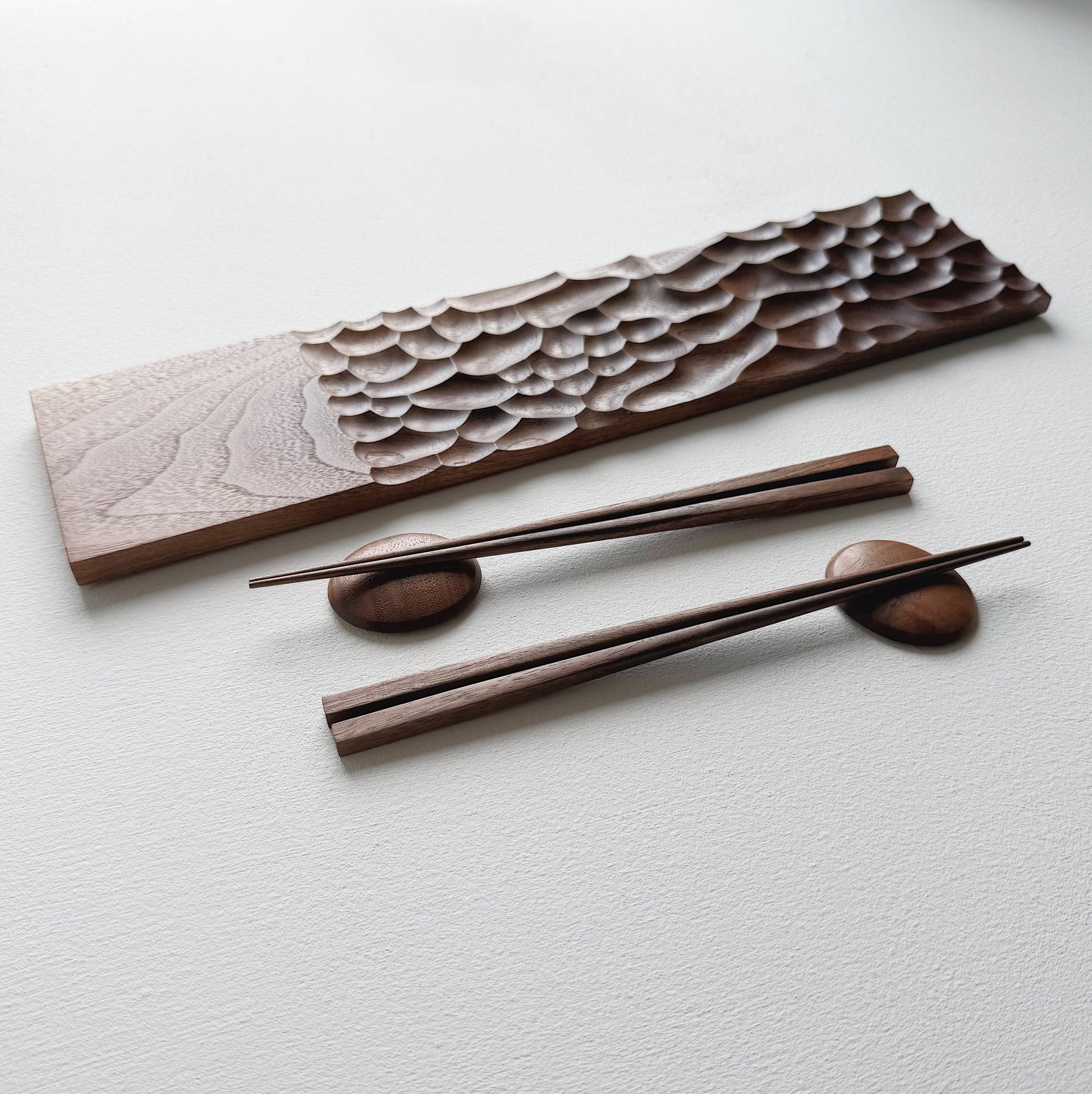 Sculpted long board & chopsticks set in two tone walnut