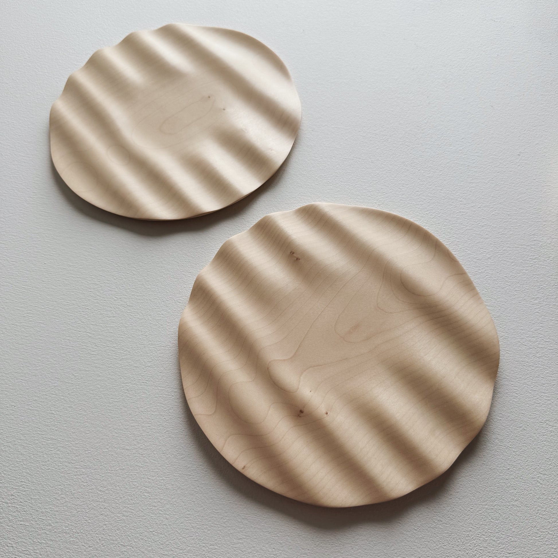 Two sycamore wavy plates on a white background