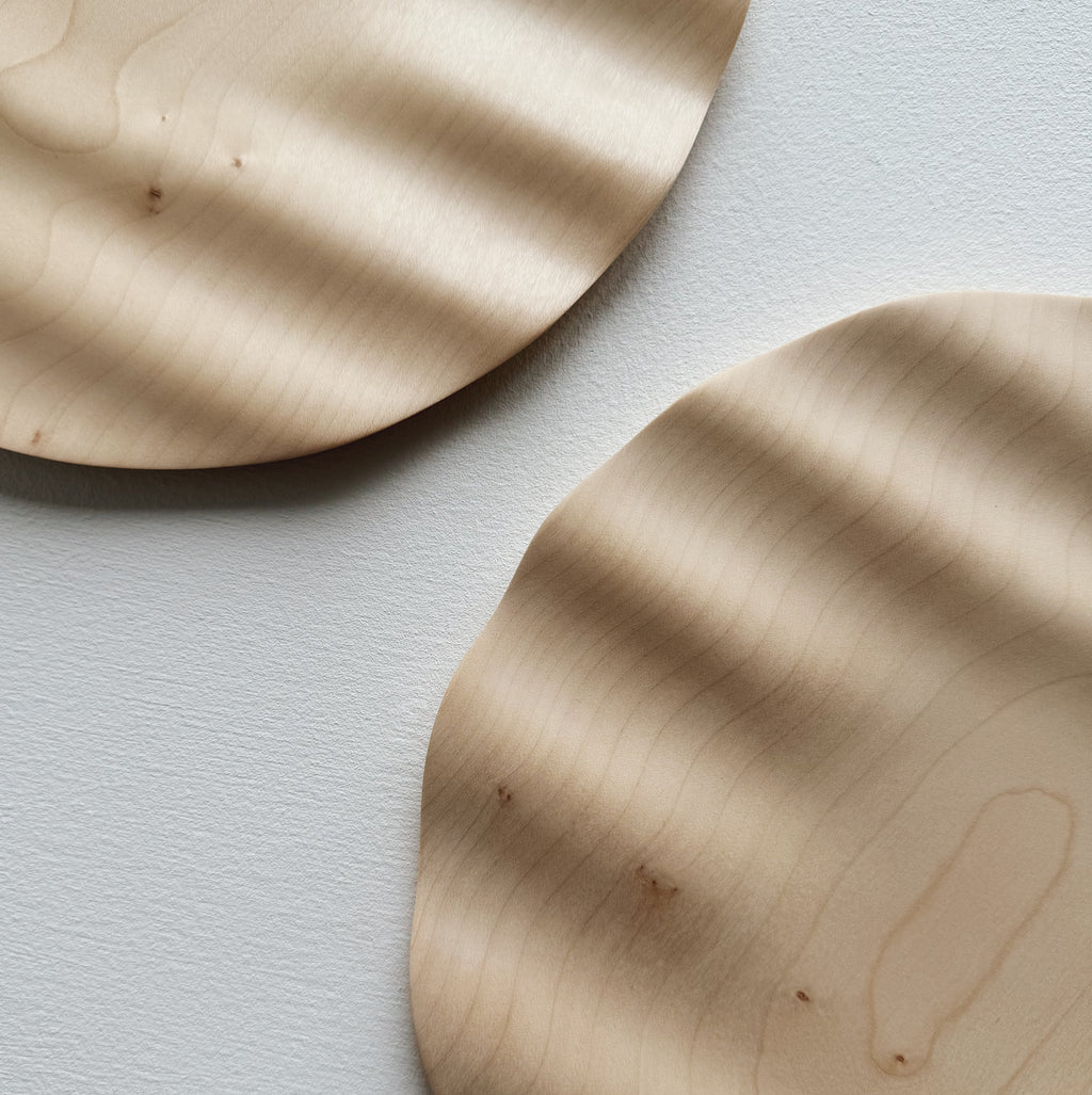 Two sycamore wavy plates on a white background