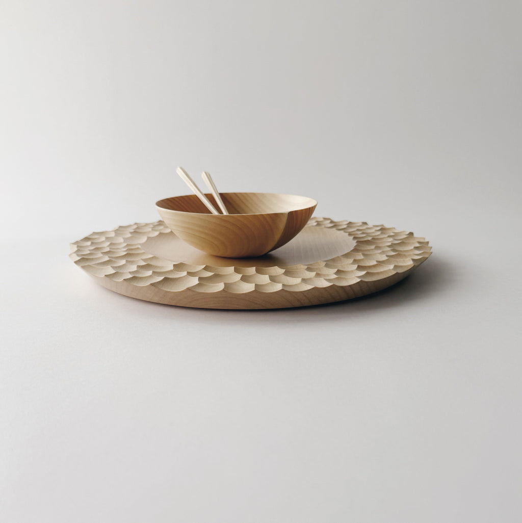 Medium crater plate, bowl & spoons set in sycamore