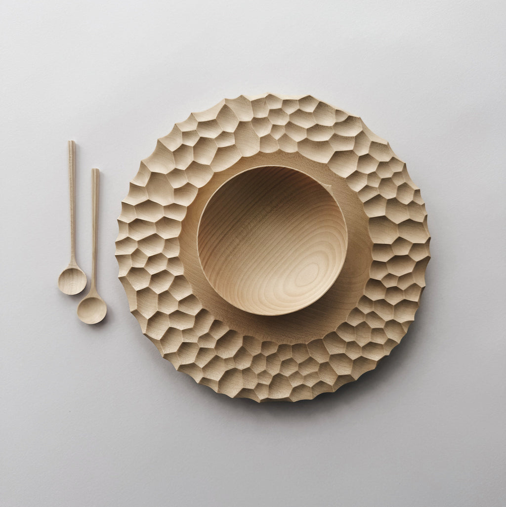 Medium crater plate, bowl & spoons set in sycamore